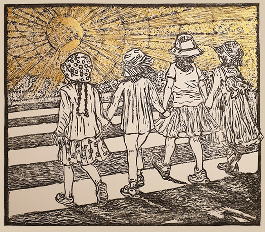 Here comes the sun (little darlings) linocut by Sharon Low 2021